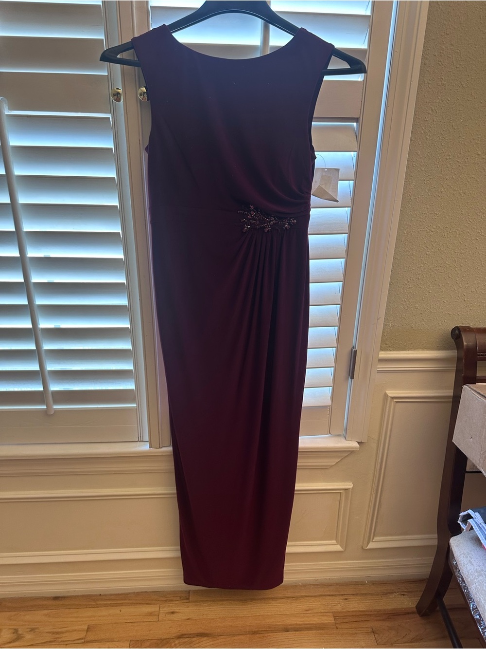 Adrianna Papell Sleeveless Burgundy Maxi Dress with Side Beading